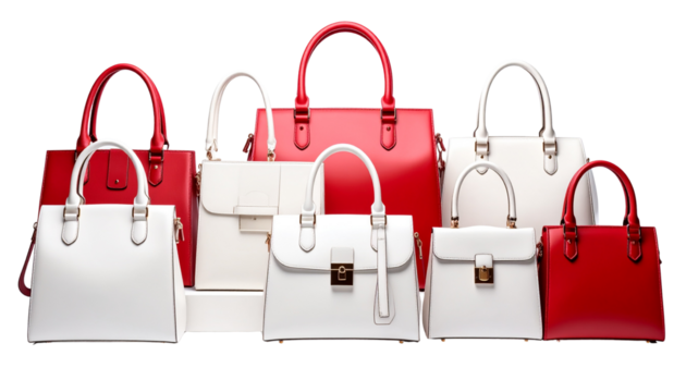 Elegant women handbags collection luxury fashion accessories red isolated on solid white background in Png format