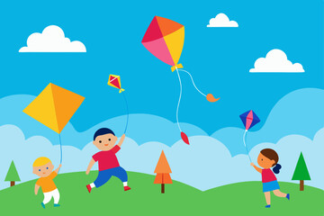 Children joyfully play in the park, flying colorful kites against the summer sky