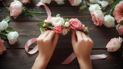 Hands making flower crown pink white roses floral diy wedding craft romantic spring styling soft rustic wood background handmade aesthetic creative project flatlay wreath concept florist editorial