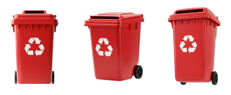 Red recycle bin different views PNG. red bin for recycling trash isolated. Red garbage bin isolated in multiple angles on transparent background for waste sorting visuals