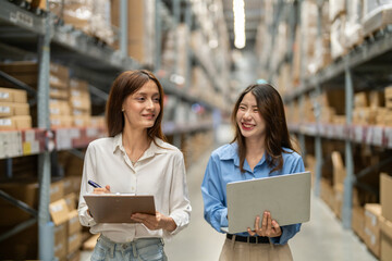 Asian warehouse staff teamwork, supply chain logistics management, shipping inventory check with laptop and clipboard, modern e-commerce b2b fulfillment, smart warehouse system wms operation, industry
