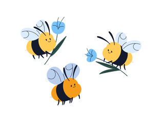 Happy honey bees carry flowers. Funny honeybees fly with wildflowers. Cute bumblebees are flying, gathering bloom plants on meadow, apiary. Flat isolated vector illustration on white background