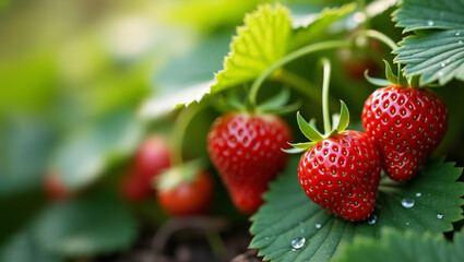Close-up texture of ripe strawberries nestled among fresh green leaves, covered with morning dew.
