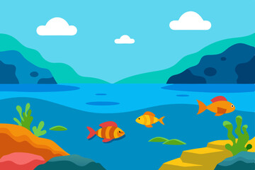 A vibrant vector illustration depicts a tropical island with a detailed coral reef in the clear blue ocean under a summer sky, featuring mountains and beach waves