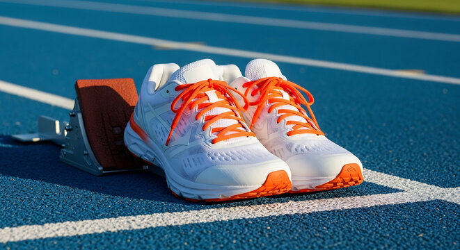 Running Shoes and Starting Block on a Blue Track, Ready for a Race