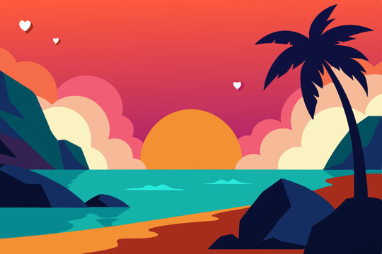 Golden tropical sunset over a paradise beach with silhouetted palm trees, calm ocean waves, and an endless summer sky