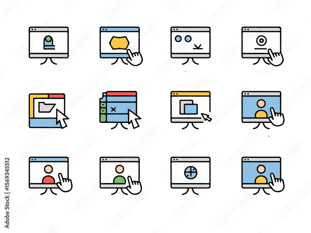 Poster Collection of twelve colorful modern flat icons representing various digital user interface actions and computer window interactions with a distinctive silhouette style