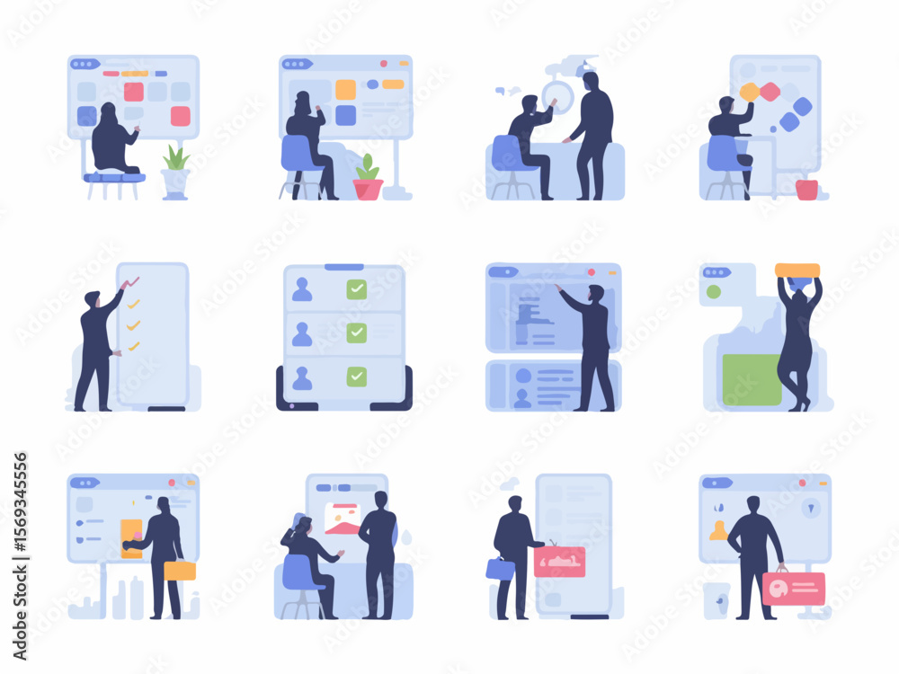 Poster modern business professionals collaborating on projects and tasks using digital interfaces and data 