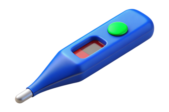 Blue digital thermometer with green button and red display isolated on transparent background - Powered by Adobe