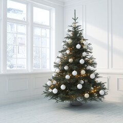 A Christmas tree whit white Christmas balls, warm light, left in a bright white room with no decoration,