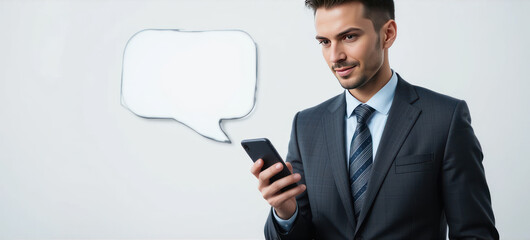 Businessman in Suit Holding Smartphone with Speech Bubble Graphic for Communication Concept