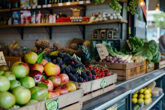 Colorful fruits and vegetables arranged in wooden crates at a market stall, offering a healthy and diverse selection to shoppers