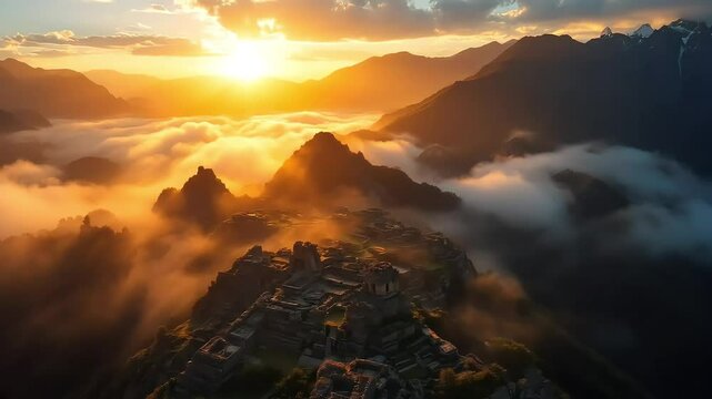 Drone sweep above the high Andes as mist parts to reveal ancient Incan stonework bathed in golden sunrise