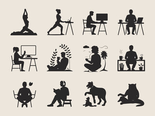 Medical illustration set of people business pictograms: a person sitting in an office chair, a student on a computer, and a woman working, all in silhouette vector icons