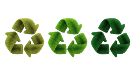 Three fluffy textured recycle icons in varying green tones, symbolizing eco friendly practices and sustainable environmental awareness.