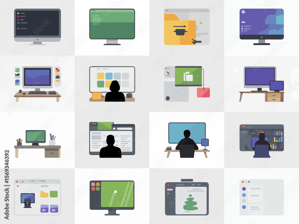 Fototapete Collection of computer and workspace illustrations featuring a modern flat design silhouette style with various desktop setups and digital interfaces