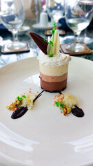 A sophisticated dessert featuring layered mousse with decorative garnishes on a white plate