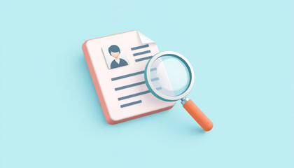 Document with profile picture and magnifying glass on a light blue background representing analysis and review of personal information