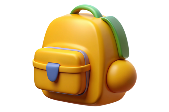 Cute cartoon yellow backpack with green straps isolated on transparent background