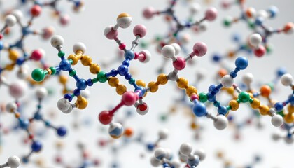 the image showcases a multitude of molecular structures floating against a light background. each structure is composed of connected spheres, represented by different colors