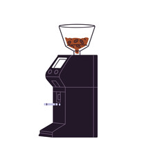 Modern coffee grinder icon. Electric coffe mill machine. Coffeehouse appliance for grinding cofee beans, preparing hot drinks, beverages. Flat isolated vector illustration on white background