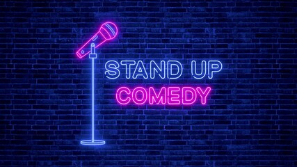 stand up comedy night show and microphone sign neon lights on brick wall background animation, bar and club comedy and humor show party motion background	