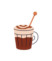 Glass of frappe coffee with teaspoon. Cup of macchiato in coffeehouse. Mug of decaf drink with latte art, trendy hot beverage with milk foam. Flat isolated vector illustration on white background