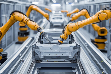 Robotic arms working on car assembly line in modern vehicle factory for auto production concept