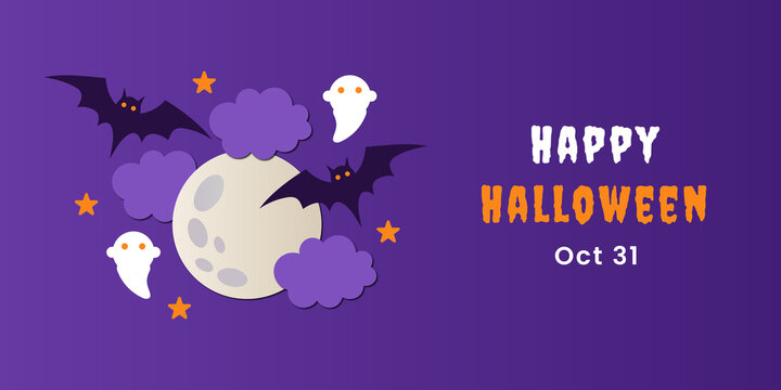 Happy halloween greeting with bats ghosts moon clouds and stars on purple background. Halloween invitation card