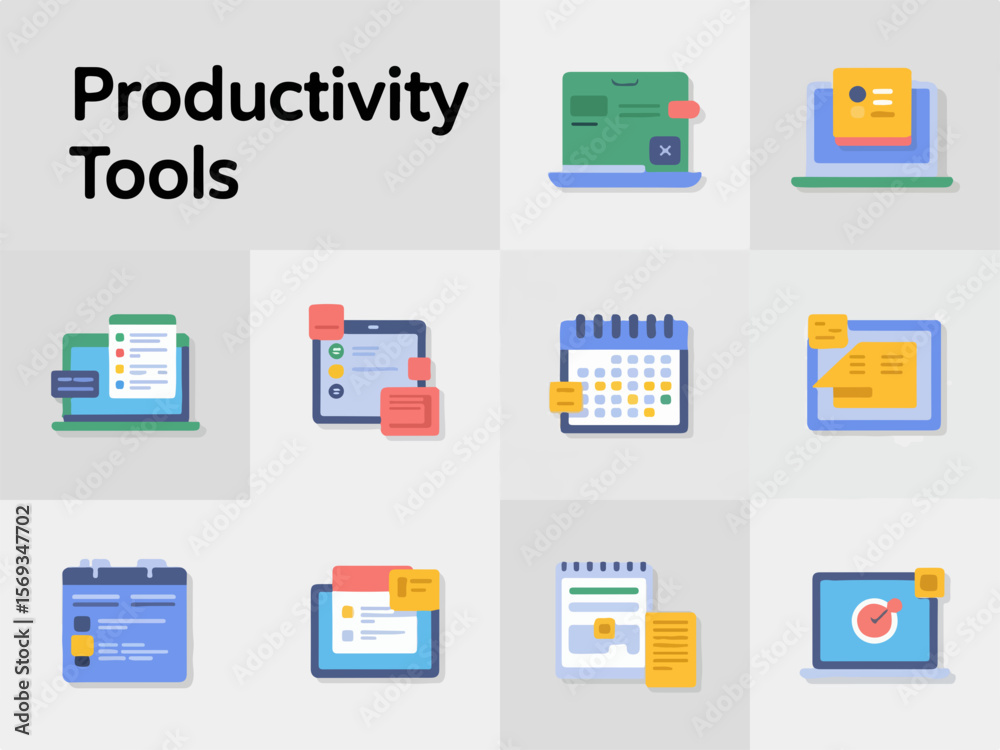 Poster collection of flat design icons representing productivity tools including laptops tablets and calend