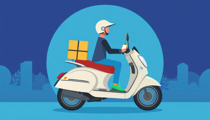 Delivery Person Riding Scooter with Packages in a City Environment Against a Blue Background