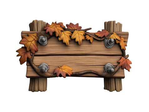 Wooden Sign with Autumnal Leaves: An artistic wooden sign with intricate details, adorned with colorful autumn leaves and rustic elements, evoking a warm and inviting atmosphere.