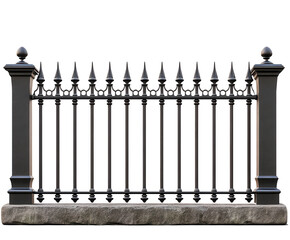 Elegant Black Iron Fence: A classic black iron fence with decorative spearheads and sturdy pillars, set atop a stone base, offers a timeless and sophisticated architectural detail. 