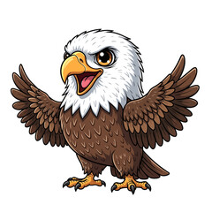 Cute cartoon American fish eagle spreading wings wide open in excitement - isolated white background chibi illustration