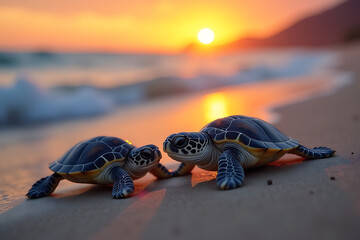 Sea Turtle Hatchlings Making Their Way on Beach at Sunset

