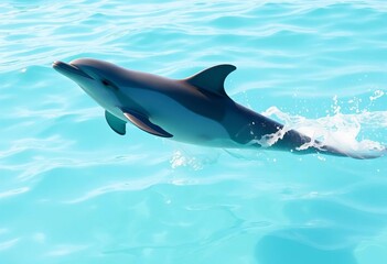 Naklejka premium Sleek dolphin playfully leaping in crystal-clear turquoise water, beautiful ocean, clear