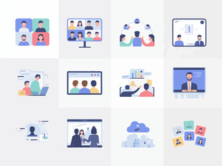 Collection of flat design icons representing remote team collaboration and online meetings with diverse people communicating virtually silhouette