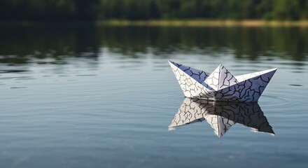 Serene Paper Boat Floating on Calm Lake Water