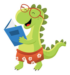 Cute Dinosaur Reading Book With Joy