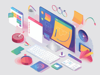 Isometric digital workspace with computer monitor keyboard and office supplies organized for productivity and success silhouette