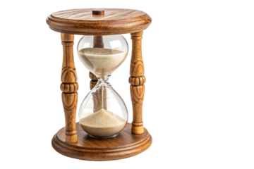 Antique wooden hourglass with sand flowing isolated on transparent background