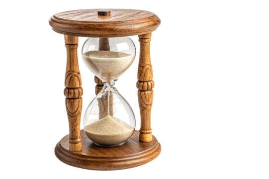 Antique wooden hourglass with sand flowing isolated on transparent background