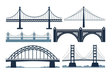 Fototapeta premium Collection of six iconic bridge silhouettes isolated on transparent background