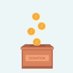 Donation box charity to the poor and needy people. Gold coins pouring into the donation box  Vector illustration