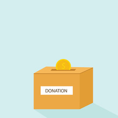 Donation box charity to the poor and needy people. Gold coins pouring into the donation box  Vector illustration