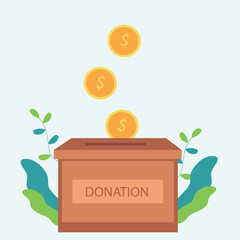 Donation box charity to the poor and needy people. Gold coins pouring into the donation box  Vector illustration