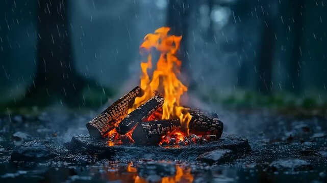 Cozy campfire under a makeshift shelter during a rainstorm
