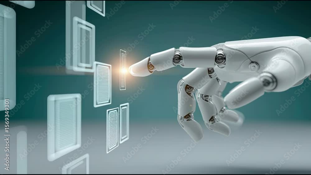 Poster robot touching a computer screen to guide users as an ai client onboarding assistant in a digital in