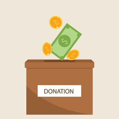 Donation box charity to the poor and needy people.Paper money and gold coins pouring into the donation box  Vector illustration