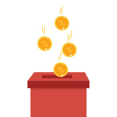 Donation box charity to the poor and needy people. Gold coins pouring into the donation box  Vector illustration